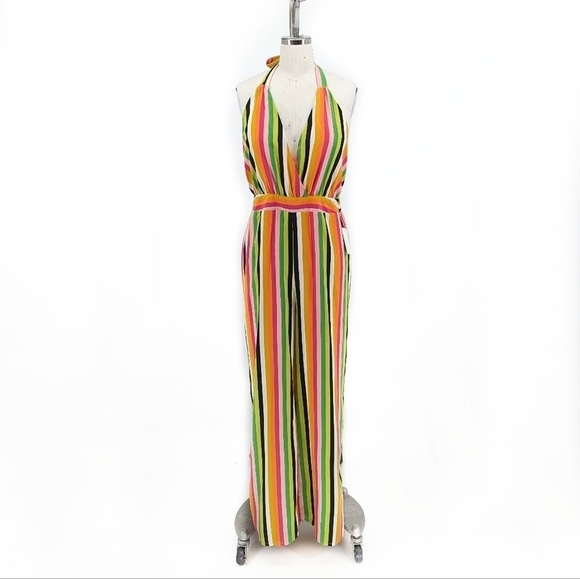 Blue Prepper Striped Wide Leg Open Back Jumpsuit S retro hippie summer beach - Picture 1 of 8